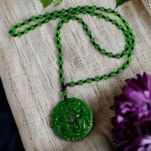 GREEN JADE COLOR DRAGON PENDANT W/ BEAD NECKLACE